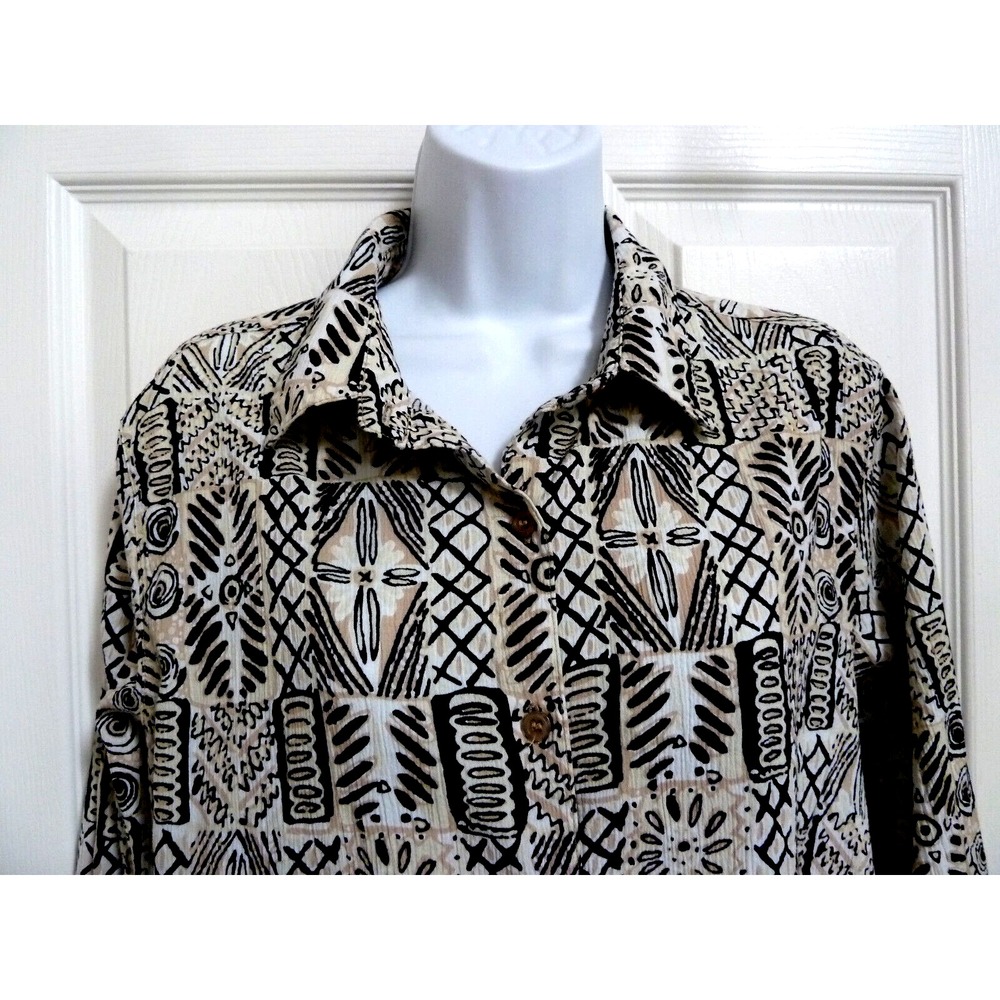**APPLESEED'S  Sz Large 14/16 Long Roll-Tab Sleeve Blouse Patchwork  Crinkle *